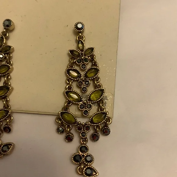Monet Green Rhinestone and Gold Colored Metal Pierced Earrings - Picture 2 of 4